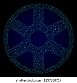 Mesh wheel polygonal illustration. Abstract mesh lines, triangles and points on dark background with wheel. Wire frame 2D polygonal line network in vector format on a dark blue background.