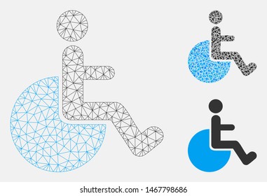 Mesh wheelchair model with triangle mosaic icon. Wire frame polygonal mesh of wheelchair. Vector mosaic of triangles in variable sizes, and color tints. Abstract 2d mesh wheelchair,