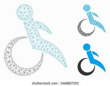 Mesh wheelchair model with triangle mosaic icon. Wire frame triangular mesh of wheelchair. Vector collage of triangle elements in different sizes, and color shades. Abstract 2d mesh wheelchair,