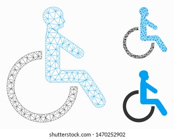 Mesh wheelchair model with triangle mosaic icon. Wire carcass triangular mesh of wheelchair. Vector collage of triangle parts in various sizes, and color tones. Abstract 2d mesh wheelchair,