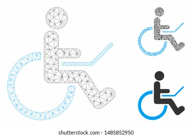 Mesh wheelchair model with triangle mosaic icon. Wire carcass polygonal mesh of wheelchair. Vector mosaic of triangle parts in variable sizes, and color tinges. Abstract flat mesh wheelchair,
