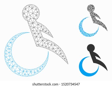 Mesh wheelchair model with triangle mosaic icon. Wire carcass triangular mesh of wheelchair. Vector mosaic of triangles in variable sizes, and color shades. Abstract 2d mesh wheelchair,
