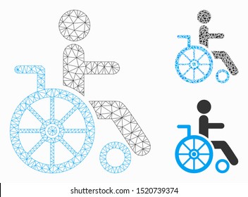 Mesh wheelchair model with triangle mosaic icon. Wire carcass polygonal mesh of wheelchair. Vector mosaic of triangle parts in variable sizes, and color hues. Abstract flat mesh wheelchair,