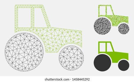 Mesh wheeled tractor model with triangle mosaic icon. Wire carcass polygonal mesh of wheeled tractor. Vector mosaic of triangle elements in different sizes, and color tints.