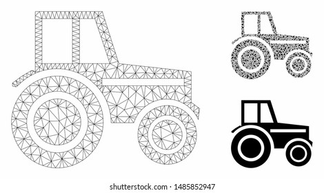 Mesh wheeled tractor model with triangle mosaic icon. Wire carcass polygonal mesh of wheeled tractor. Vector mosaic of triangle elements in variable sizes, and color tints.