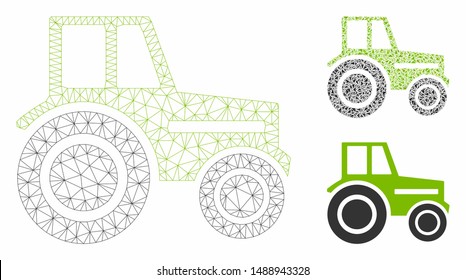 Mesh wheeled tractor model with triangle mosaic icon. Wire frame triangular mesh of wheeled tractor. Vector mosaic of triangle elements in different sizes, and color shades.