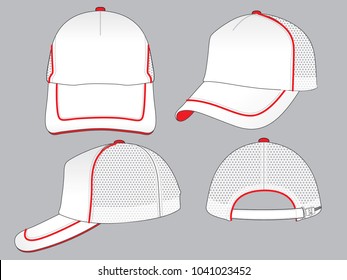 Mesh white trucker cap with red piping and adjustable slider plastic buckle zip closure strap design on gray background.