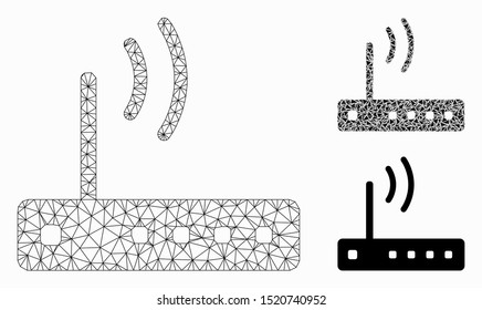 Mesh Wi-Fi modem model with triangle mosaic icon. Wire frame triangular mesh of Wi-Fi modem. Vector mosaic of triangle parts in different sizes, and color hues. Abstract 2d mesh Wi-Fi modem,