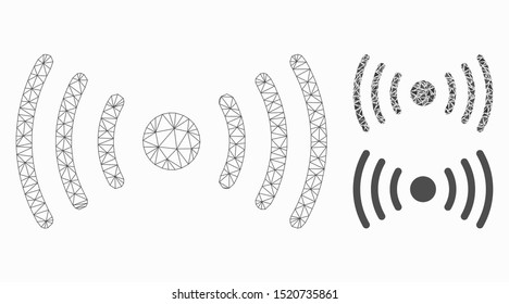 Mesh Wi-Fi point model with triangle mosaic icon. Wire carcass polygonal mesh of Wi-Fi point. Vector collage of triangles in variable sizes, and color tints. Abstract 2d mesh Wi-Fi point,