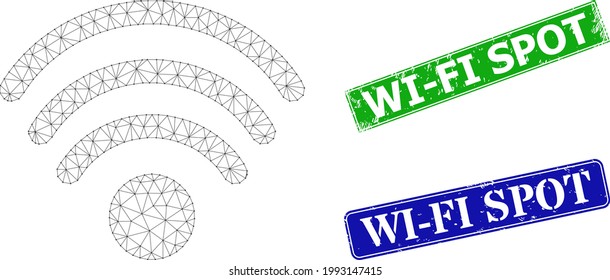 Mesh Wi-Fi source model, and Wi-Fi Spot blue and green rectangle textured seals. Mesh wireframe symbol is created from Wi-Fi source pictogram. Seals contain Wi-Fi Spot title inside rectangle frame.