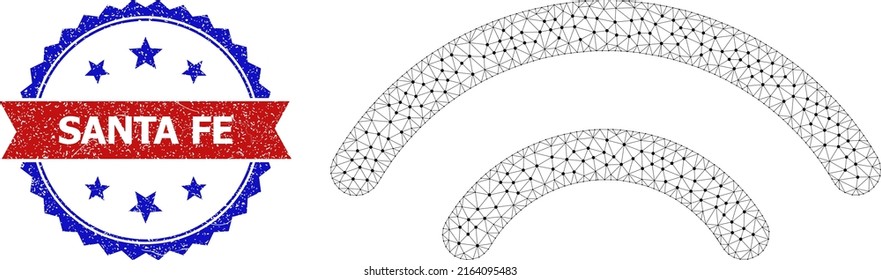 Mesh Wi-Fi waves carcass icon, and bicolor textured Santa Fe seal. Mesh carcass symbol designed with Wi-Fi waves pictogram. Vector watermark with Santa Fe tag inside red ribbon and blue rosette,