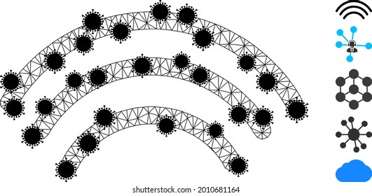 Mesh wi-fi waves polygonal icon vector illustration, with black Covid nodes. Carcass model is created from wi-fi waves flat icon, with covid nodes and triangle mesh.