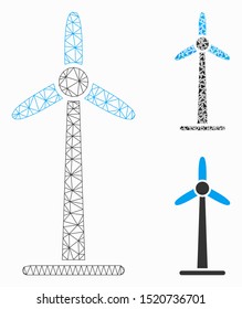 Mesh wind power generator model with triangle mosaic icon. Wire carcass triangular mesh of wind power generator. Vector mosaic of triangle parts in various sizes, and color shades.