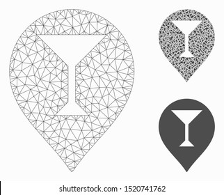 Mesh wine bar marker model with triangle mosaic icon. Wire carcass triangular mesh of wine bar marker. Vector mosaic of triangle elements in different sizes, and color hues.
