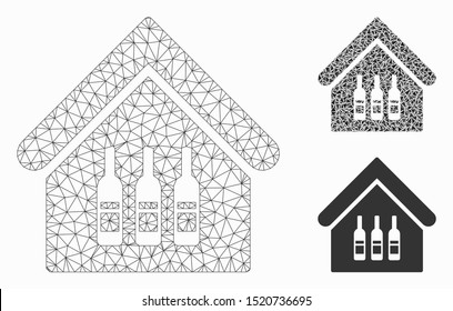 Mesh wine bar model with triangle mosaic icon. Wire carcass polygonal mesh of wine bar. Vector composition of triangle elements in variable sizes, and color tinges. Abstract 2d mesh wine bar,