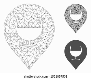 Mesh wine glass marker model with triangle mosaic icon. Wire carcass polygonal mesh of wine glass marker. Vector collage of triangle elements in various sizes, and color shades.