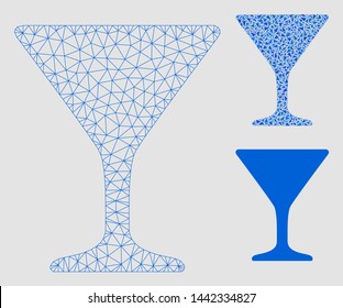 Mesh wine glass model with triangle mosaic icon. Wire carcass polygonal mesh of wine glass. Vector mosaic of triangle parts in variable sizes and color shades. Abstract flat mesh wine glass,