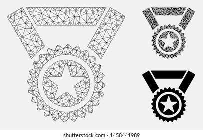 Mesh winner medal model with triangle mosaic icon. Wire frame polygonal mesh of winner medal. Vector mosaic of triangle parts in different sizes, and color shades. Abstract flat mesh winner medal,