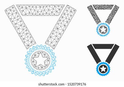 Mesh winner medal model with triangle mosaic icon. Wire frame polygonal mesh of winner medal. Vector mosaic of triangles in various sizes, and color shades. Abstract 2d mesh winner medal,