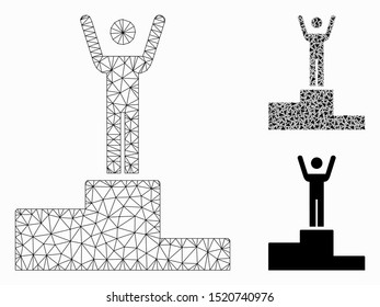 Mesh winner model with triangle mosaic icon. Wire carcass polygonal mesh of winner. Vector mosaic of triangle elements in various sizes, and color tints. Abstract 2d mesh winner,