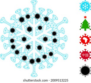 Mesh winter virus polygonal icon vector illustration, with black virus elements. Carcass model is based on winter virus flat icon, with virus centers and triangle net.