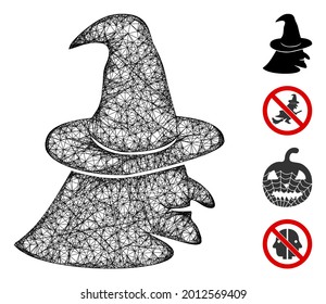 Mesh witch face web icon vector illustration. Model is created from witch face flat icon. Network forms abstract witch face flat model. Wire frame flat web network isolated on a white background.