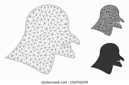 Mesh witch head model with triangle mosaic icon. Wire frame polygonal mesh of witch head. Vector mosaic of triangle parts in variable sizes, and color tints. Abstract 2d mesh witch head,