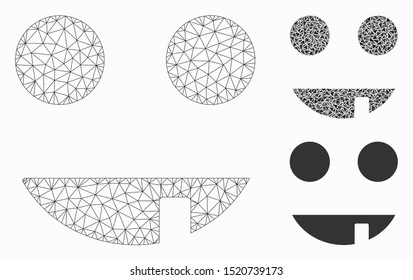 Mesh witch smiley model with triangle mosaic icon. Wire carcass polygonal mesh of witch smiley. Vector composition of triangle parts in variable sizes, and color hues. Abstract flat mesh witch smiley,