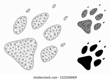 Mesh wolf footprint model with triangle mosaic icon. Wire carcass polygonal mesh of wolf footprint. Vector composition of triangle parts in variable sizes, and color tinges.