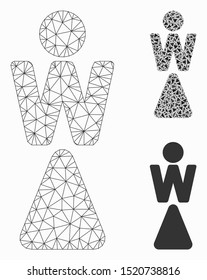 Mesh woman model with triangle mosaic icon. Wire frame polygonal network of woman. Vector mosaic of triangle elements in variable sizes, and color tints. Abstract flat mesh woman,