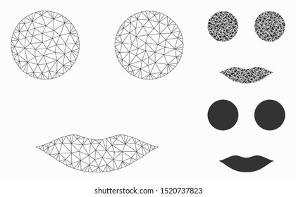 Mesh woman smiley model with triangle mosaic icon. Wire carcass triangular mesh of woman smiley. Vector mosaic of triangle parts in variable sizes, and color shades. Abstract 2d mesh woman smiley,