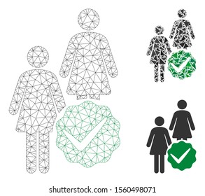 Mesh women only model with triangle mosaic icon. Wire carcass polygonal mesh of women only. Vector collage of triangle parts in variable sizes, and color shades. Abstract 2d mesh women only,
