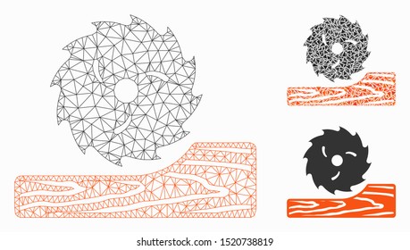 Mesh wood processing model with triangle mosaic icon. Wire carcass polygonal mesh of wood processing. Vector composition of triangle parts in different sizes, and color hues.