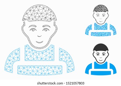 Mesh worker model with triangle mosaic icon. Wire carcass polygonal mesh of worker. Vector mosaic of triangle elements in different sizes, and color tints. Abstract flat mesh worker,