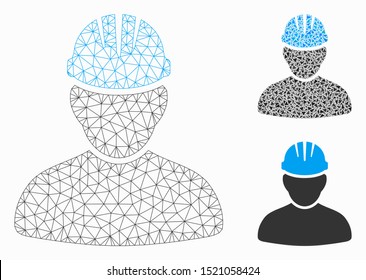 Mesh worker person model with triangle mosaic icon. Wire carcass polygonal network of worker person. Vector composition of triangle parts in different sizes, and color shades.