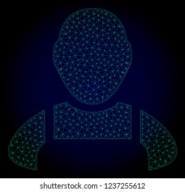 Mesh worker polygonal illustration. Abstract mesh lines, triangles and points on dark background with worker. Wire frame 2D polygonal line network in vector format on a dark blue background.