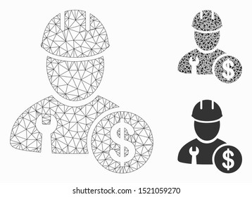 Mesh worker salary model with triangle mosaic icon. Wire frame triangular mesh of worker salary. Vector collage of triangle parts in various sizes, and color tones. Abstract flat mesh worker salary,