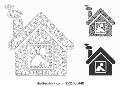 Mesh workshop building model with triangle mosaic icon. Wire carcass triangular mesh of workshop building. Vector mosaic of triangle parts in different sizes, and color tones.