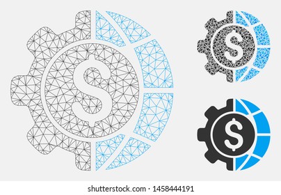 Mesh world industry finances model with triangle mosaic icon. Wire carcass polygonal mesh of world industry finances. Vector composition of triangle parts in different sizes, and color tinges.