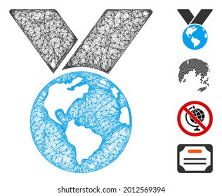 Mesh world medal web icon vector illustration. Model is created from world medal flat icon. Mesh forms abstract world medal flat model. Wire frame flat web network isolated on a white background.