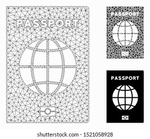 Mesh world passport model with triangle mosaic icon. Wire carcass polygonal mesh of world passport. Vector mosaic of triangle elements in various sizes, and color tinges.