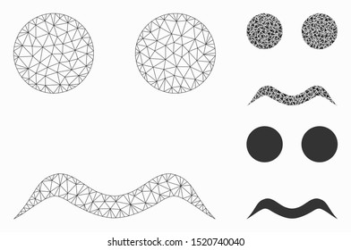 Mesh worried smiley model with triangle mosaic icon. Wire frame triangular mesh of worried smiley. Vector collage of triangle parts in different sizes, and color shades.