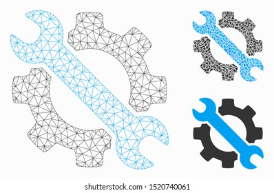 Mesh wrench and gear setup tools model with triangle mosaic icon. Wire carcass polygonal network of wrench and gear setup tools. Vector collage of triangle parts in different sizes, and color hues.