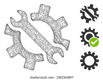 Mesh wrench and gear tools polygonal web icon vector illustration. Model is based on wrench and gear tools flat icon. Triangular mesh forms abstract wrench and gear tools flat model.
