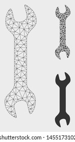Mesh wrench model with triangle mosaic icon. Wire carcass triangular mesh of wrench. Vector composition of triangle parts in different sizes, and color tones. Abstract 2d mesh wrench,