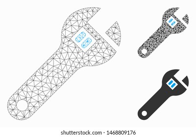 Mesh wrench model with triangle mosaic icon. Wire frame polygonal mesh of wrench. Vector composition of triangles in different sizes, and color shades. Abstract flat mesh wrench,