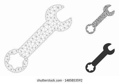 Mesh wrench model with triangle mosaic icon. Wire carcass triangular network of wrench. Vector mosaic of triangle parts in different sizes, and color tones. Abstract flat mesh wrench,