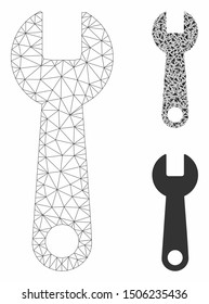 Mesh wrench model with triangle mosaic icon. Wire frame polygonal network of wrench. Vector composition of triangle parts in different sizes, and color tinges. Abstract 2d mesh wrench,