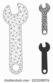 Mesh wrench model with triangle mosaic icon. Wire carcass polygonal network of wrench. Vector mosaic of triangle parts in different sizes, and color hues. Abstract 2d mesh wrench,