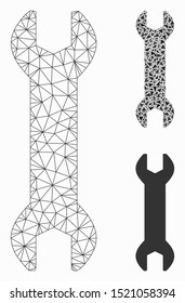 Mesh wrench model with triangle mosaic icon. Wire carcass triangular mesh of wrench. Vector mosaic of triangle parts in various sizes, and color tinges. Abstract flat mesh wrench,